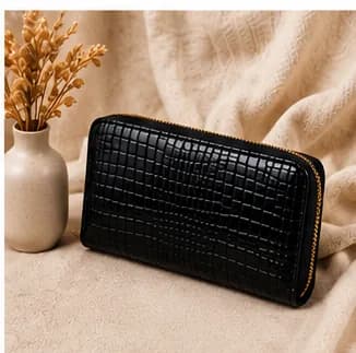 Black Croc-Embossed Zip-Around Wallet - Image 2