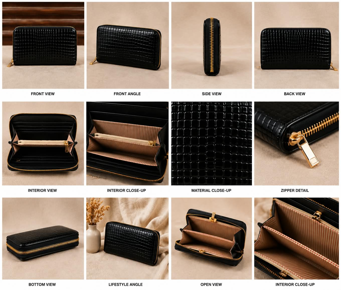 Black Croc-Embossed Zip-Around Wallet - Image 13
