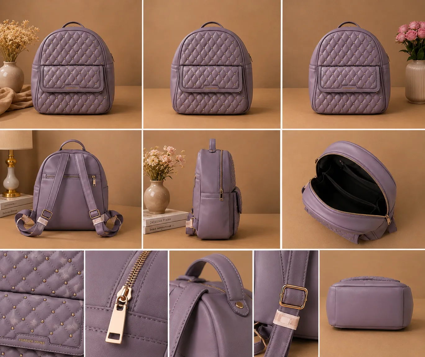 Lavender Studded Quilted Mini Backpack - Image 1